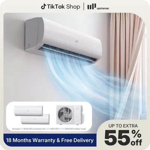 Upstreman 2-Zone Multi-Function Airconditioner - 20000BTU, 20 SEER2, 230V Pre-Charged I20-230V Split Type Aircon, Zoned Control, Cooling/Heating, Adjustable WiFi, Allweather Run, Energy-Efficient Dehumidifier for Family Homes, Beat the Heat, Stay Cool