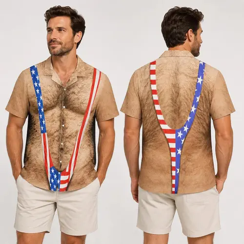 Novelty Patriotic Hairy Chest Illusion Hawaiian Shirt, American Flag Suspender Print Short Sleeve Button Up Aloha Shirt, Funny 4th of July Independence Day Party Outfit Gift For Men#TikTokMadeMeBuyIt#PatrioticIllusionShirt#4thOfJulyAloha