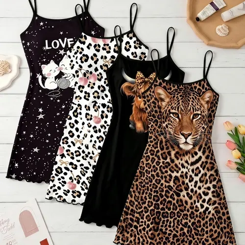 4-Pack Women's Cami Nightdresses, Assorted Prints, Casual Loose Sleepwear, Spring Summer Home Essentials, Loungewear