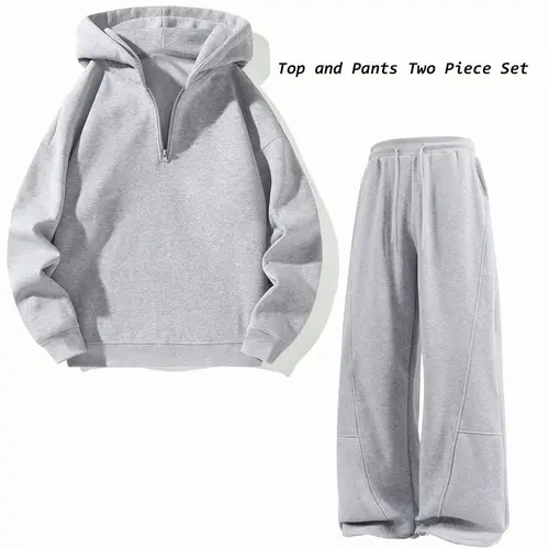 Men's 2-Piece Solid Gray Tracksuit Set - Half-Zip Hooded Long Sleeve Workout Top, Wide-Leg Athletic Pants, Gym Workout Apparel, Matching Men's Clothing Sets, Casual Sportswear,sohochic