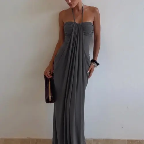Women's Solid Color Ruched Bodycon Halter Neck Dress, Sexy Sleeveless Strapless Backless Plicated Slim Fit Tube Dress, Party Club Date Evening Dress, Casual Daily Maxi Dresses For Ladies Summer Fashion, Maxi Dress Minimalist