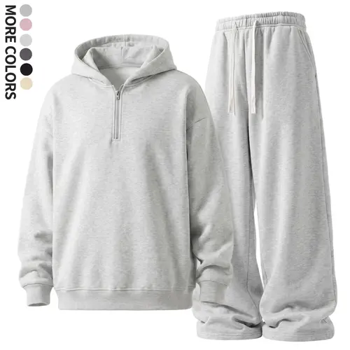 Men's 2-Piece Casual Cotton Blend Sweatset - Half-Zip Hooded Top, Wide-Leg Drawstring Pants with Drapey Feel, Light Floral Gray, for Everyday Wear & Commuting, Casual Ootd, Outfit Inspiration, Sweatset Style, Gray Sweats Style
