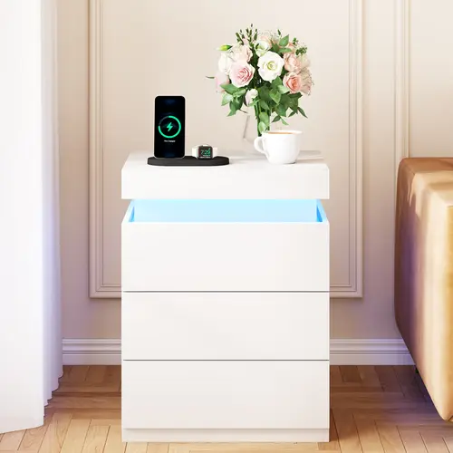 TryLazy Nightstand with Charging Station and LED Lights, Night Stand with Sliding Top for Bedroom, Bedside Table with Drawers, Modern End Side Tablers, Modern End Side Table