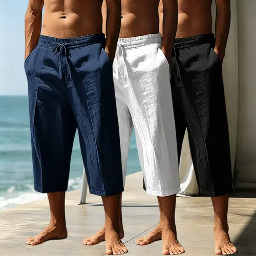 Menswear 3-Pack Plain Baggy Men’s Linen-Tencel Lyocell Trousers, Stylish Summer New Arrival, Loose Fit, Breathable Comfortable Drapey Fabric, Casual Mid-Length Men’s Bottoms,sohochic