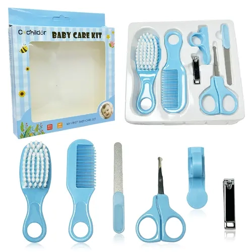 Cochildor Baby 6-Tools-in-1 Compact Safety Care Set - Round Edge Nail Clippers, Scissors, Soft Built-in Brush, Comb, Nail File, Portable Travel Baby Shower Gift for 0-3 Months Unisex Child’s (Pink, Blue),sohochic