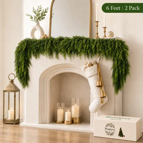 2-Pack 6 FT Real-Touch Artificial Cedar Garlands, Green Pine Greenery for Mantle, Wall - Farmhouse Aesthetic House Decor, New Year Outdoors Indoor Festive Decorations,sohochic