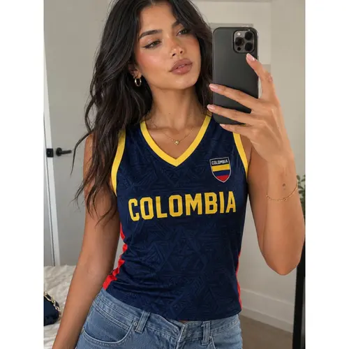 Women'S Colombia Colorblock V-Neck Sleeveless Tank Top, Soccer Supporter Regular Length Casual Streetwear Top