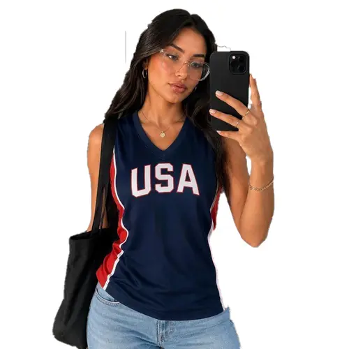 Female Athletic Fashion Sleeveless Soccer Jersey - Breathable, Moisture-Wicking Casual Sports Top, USA Team Printed Fan Apparel for Soccer Match Viewing, Cool Summer Wear