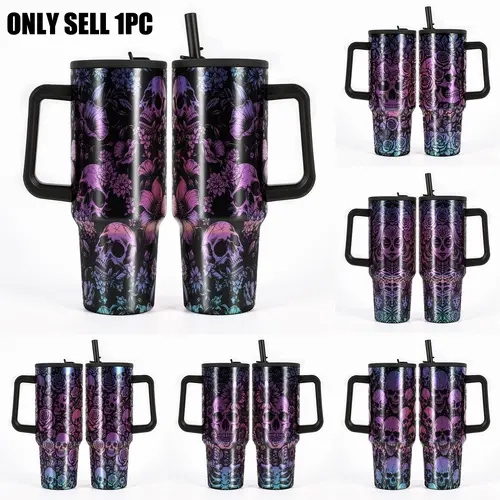 1PC Skull 40oz Leakproof Insulated Hydration Tumbler Iridescent Skull Travel Mug. BPA-Free 304 Stainless Steel Skull Tumbler; 20H Cold/8H Hot Insulation, Leakproof Travel Cup with Silicone Non-Slip Base, Drinkware Flasks