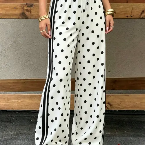 Women's Polka Dot Wide-Leg Knit Pants - Chic Retro Trousers with Side Stripes, High Elastic Drawstring Waist, Baggy Breathable Fabric, Oversized Everyday Drape Bottoms for Lounge Wear (Black, 1-Piece Non-Tops Alternative), Fashion, Vintage,sohochic