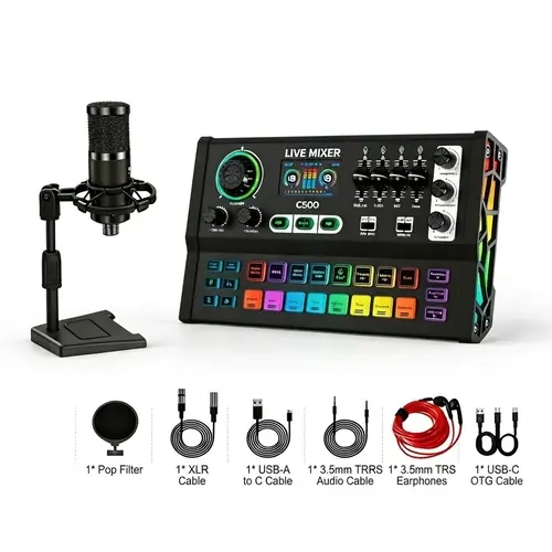 Hosabely Portable C500 Cardioid Condenser Microphone Bundle - 48V Connection, 1-Click Voice Removal, Rack-Level Quality, Silicone-Equipped, Adjustable Noise-Reducing Lit Package for Smartphone, Mobile Karaoke, Streaming Equipment, Audio Recording, Lights,