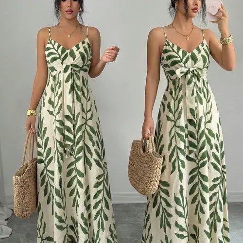 Women's Bohemian Long Floral Print Dress, Sleeveless Adjustable Spaghetti Straps V-Neck, Chest Tie Design, Fashion Summer Wear, Casual Beach Vacation Boho V Neck