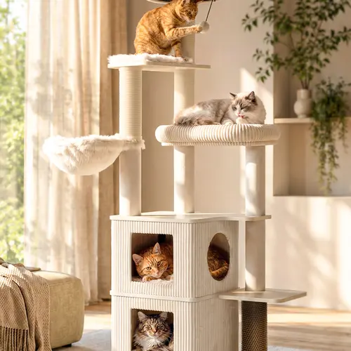 Luxury Modern Cat Tree for Large Indoor Cats, 63 Inch Cream Wood-Look Cat Tower with 2 Private Condos, Large Top Perch, Soft Hammock, Sisal Scratching Posts & Stable Multi-Level Design