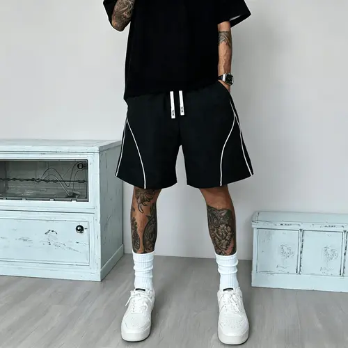 Men's Loose-Fit Plain Knee-Length Gym Shorts - Polyester Edit, Adjustable Waist with Drawstring Closure, Curved Piping, Lightweight Breathable, Fast-Dry, Sporty Chic Streetwear Bottoms for Young Men