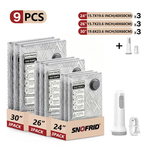 Snofrid Cordless Compressed Storage Bags Set - 15-Pack 3 Sizes, USB Rechargeable Handheld Pump with Built-In Battery, Thick PA+PE Transparent Waterproof Reusable Clothes Organiser, Carry-On Suitcase Essential for Space Saving, Organization Ideas