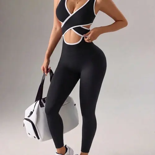 Figure Shaping Seamless Colorblock Sporty Jumpsuit, Criss Cross & Cutout Design, High-Stretch V Neck Jumpsuit for Gym & Workout