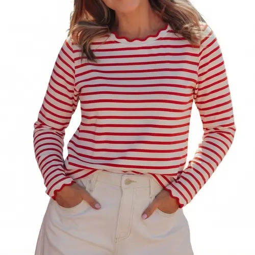 Asvivid Women's Striped Long Sleeve Top Cotton Scalloped Trim Round Neck T Shirt Casual Basic Going Out Stripe Basic T Shirt Cute Tee Tops for Spring Fall Fashion #sohochic