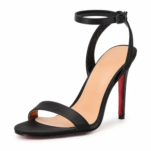 Women's Black Satin Stiletto Sandals - Footwear with Open Toe, Single Slingback Strap, Cushioned Insole, Non-Slip Red Sole - Elegant Party Heels for Women, Fashionable Shoe,sohochic