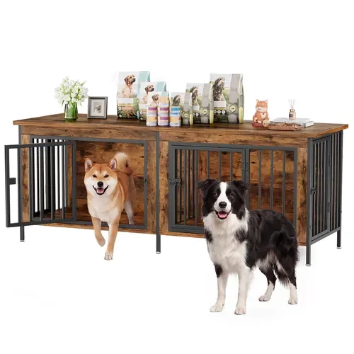 Sweetcrispy 3-in-1 Reinforced Metal & Wood Dual Crate Furniture - 2-Compartment Heavy-Duty Rustic Farmhouse Dog Kennel, TV Stand & Side Table for Living Room, Double Door Locks, 40lb Capacity, Space Saving, 27.56" L×23.62" W×25.49" H for Small/Med Dogs