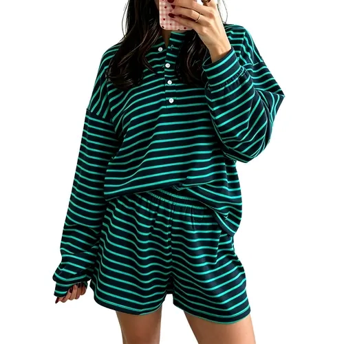 Arssm  Women's Striped Lounge Set Oversized Henley Top Cotton Shorts Matching Sets