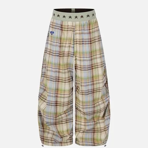 Aelfric Eden Star Waist Plaid Baggy Barrel Pants High Waist Balloon Barrel Silhouette Star Print Waistband Fresh Plaid Fabric Adjustable Ankle Drawstring Retro Streetwear Unisex Bottoms,clothes for back to school,first day of school outfits