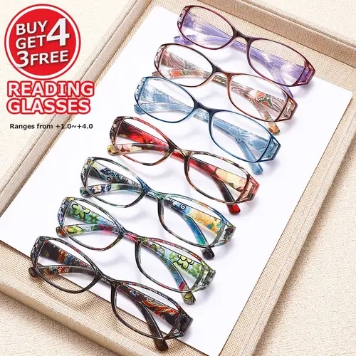 7-Piece Simple Rectangular Floral Small-Frame High Quality Eyewear Blue Light Blocking Reading Glasses, Multi-Degree Eyeglasses for Middle Aged and Young Adults