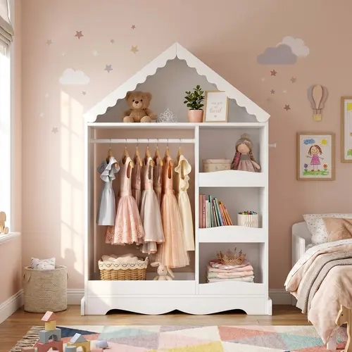 VOWNER Kids Closet with Mirror, House-Shaped Wardrobe with Clothing Rack, Shelves, Hooks & Cubbies for Bedroom Playroom,#SohoChic