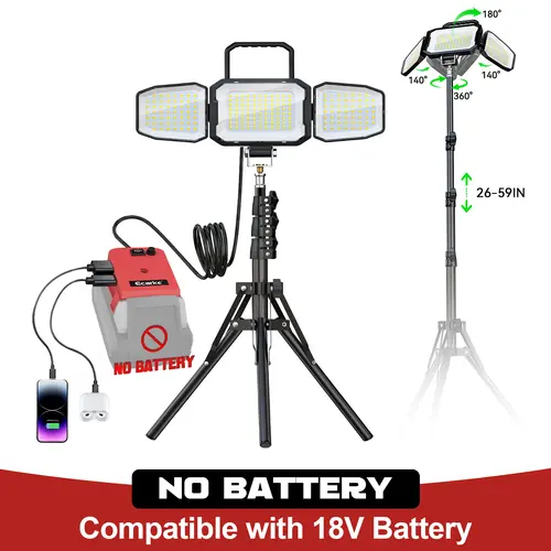 LED Work Light with 59" Tripod Stand Compatible with Milwaukee 18V Battery ,【Battery Not Included】, 70W 7000LM 3-Head Adjustable Flood Light, Dual Brightness Modes, USB-C Rechargeable Portable Job Site Light toolupgrade