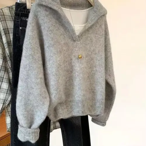 Women's Oversized Knitted Pullover, Large Lapel Collar Loose Fit Casual Long Sleeve Sweater, Warm Fall Winter Top, Knitwear