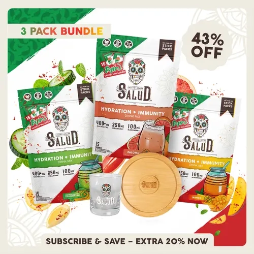 Salud x Tajín 2-in-1 [Hydration + Immunity] Electrolytes Powder, Agua Fresca Drink Mix, Elderberry, Dairy & Soy Free, Non-GMO, Gluten Free, Vegan, 1g Sugar (15 Servings of Salud and Tajín)