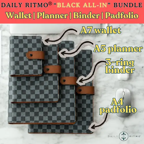 DAILY RITMO "ALL-BLACK" Curated Notebook Set - A7 Mini Wallet, A5 Planner, 3-Ring Binder, A4 Padfolio Coordinated System for School, Meetings, Organized Planning & Office Use