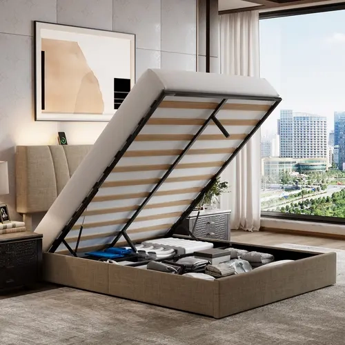 AVENCO Metal Wood Full/Queen/King Lift-Up Storage Drawer Bed Frame, 3-Height Adjustable Upholstered Headboard with Charging Station and LED Light, Hydraulic Support, Queen Bed Frame,sohochic