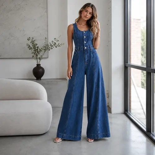 EL Elengatine Vintage Cotton Sleeveless Denim Jumpsuit - High Waisted Wide Leg Overalls, Sexy Scoop Neck Button-Up, Cinched Waist Figure-Shaping, Seam Detail, Comfort Stretch Blue Style, Chic Streetwear for Women, Button Front, Seam Details,sohochic