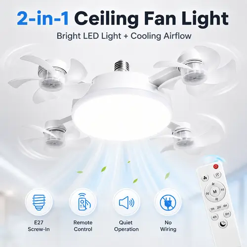 E27 Socket Ceiling Fan Light, 2-in-1 LED Fan with Remote Control, Quiet Cooling Light for Bedroom, Kitchen, Living Room & Home