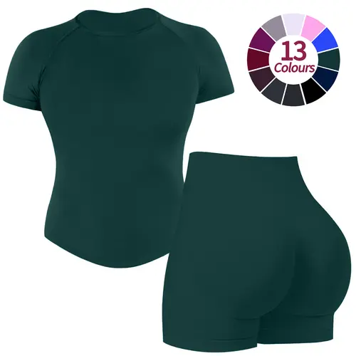 JGS1996 Women's Two-Piece Impact Seamless Workout Set – Short Sleeve T-Shirt Tank Top & High Waisted Butt Lifting Booty Sports Shorts Breathable Activewear for Yoga Gym Running Summer Athleisure Wear Set Athletic Wear Casual Sporty Set