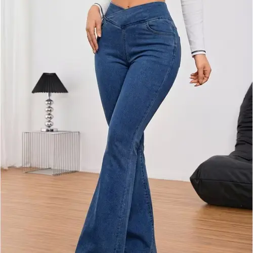 High-Waisted Flare Pants with Cross-Waist Detail, Stretch Bootcut Fit for Casual Streetwear Outfits,travel essentials,camping essentials tiktokshopbacktoschool,back to school,back to school haul,sohochic