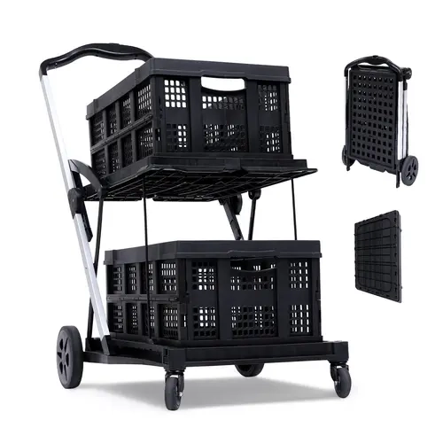 Black Aluminum Rectangle Heavy Duty 2-Tier Folding Office Utility Cart Organiser - Collapsible Rolling Trolley, 360° Swivel Roll Wheels, 110lb Large Capacity, Multi-Purpose Storage for Office Supplies, Includes 2 Cargo Boxes