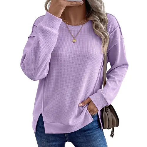 Shewin Women's Oversized Waffle Knit Pullover, Casual Long Sleeve Tunic Top with Exposed Seams and a Slit Hem, Knitting, Oversize Baggy Womenswear,back to school,back to school shopping