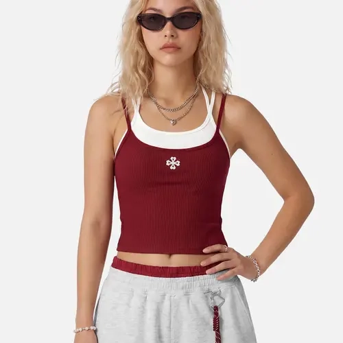 Aelfric Eden Contrast Layered Padded Cami Top Slim Cropped Fit Chest Cross Flower Embroidery High-Stretch Ribbed Fabric Y2K Edgy Streetwear Women's Camisole