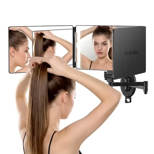 Umitec Medium Version Wall-Mounted 3-Way Trifold Mirror with HD Glass, Adjustable LED Light, Multi-Angle 360° View, Vanity Organization Solution for Hair Makeup, Grooming Daily Use, Gift for Anniversaries Back to School