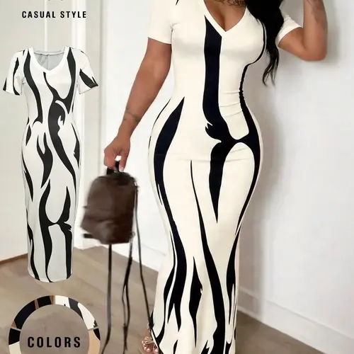 Choove Women's Abstract Print Short Sleeve Bodycon Maxi Dress, Stretch V-Neck Fitted Long Dress for Party and Night Out
