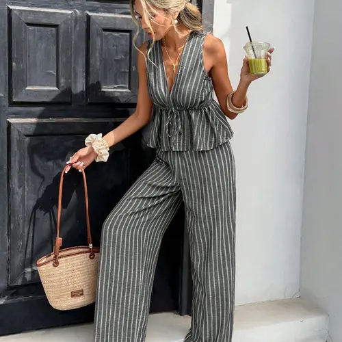 Women's Retro Vintage Striped Tie Front Sleeveless Blouse & Long Pants Set, Casual Elegant Style Outfit for Commuting & Daily Wear, Slim-Fitting