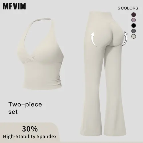 MFVIM Women’s New Twist Knot V-Neck Halter Long Yoga Set — Back-Enhancing Waist-Defining Tank Top + High-Waist Butt-Lifting Flared Pants Two-Piece Set,travel essentials,camping essentials,back to school,back to school haul,sohochic