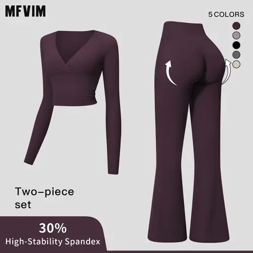 MFVIM Women’s Cross Deep V Long Sleeve Fitness Two Piece Set – High Waisted Slightly Flared Pants, Slimming Commuter Running Yoga Activewear Set,travel essentials,camping essentials,back to school,back to school haul,sohochic