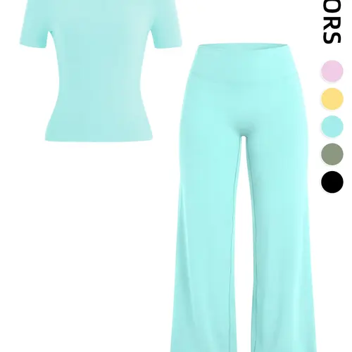 Women's 2-Piece Fitness Set, Comfortable Round Neck Short Sleeve Slim Fit Top & High Waist Pants, Casual Athletic Sportswear for All Seasons, Sport Casual Outfit, Athletic Clothes Set