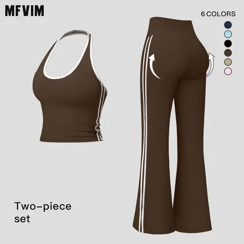 MFVIM Women’s breathable “naked feel” sports set with contrast piping — wide-neck halter crop top featuring a flattering back design, tummy control, and slight flared yoga bottoms (two-piece set).,travel essentials,camping essentials,sohochic