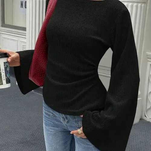 Women's Knitted Long Sleeve Top, Flared Sleeve Slim Fit Shirt, Solid Color Casual Blouse, Fall Winter Fashion, Versatile Layering Piece, Knitwear