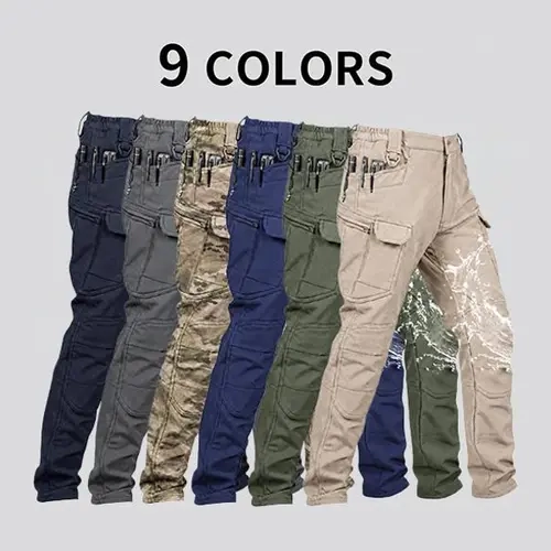 Men’s solid-color tactical work pants, 230 g/m² new fabric, with multiple pockets and zipper closures; durable outdoor training pants available in multiple colors—ideal for fishing, work, and camping; suitable for spring and autumn wear.