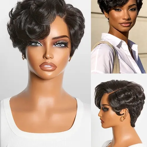 LUVME Short Wig Pixie Cut Natural Black Lightweight Roll Curl Glueless Pre-cut T-Part HD Lace Beginner Friendly