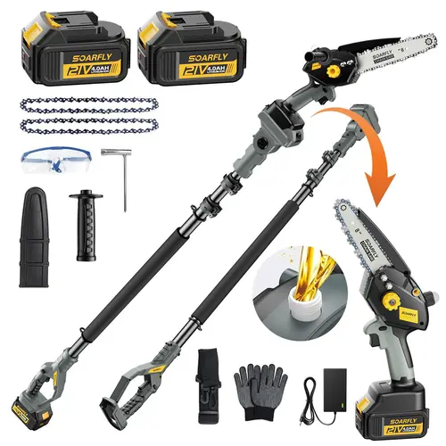 SOARFLY 2-in-1 Mini Chainsaw & Pole Saw, 2 x 21V Batteries Included, High-Power Garden Tool for Tree Trimming,Working height 16FT Reach